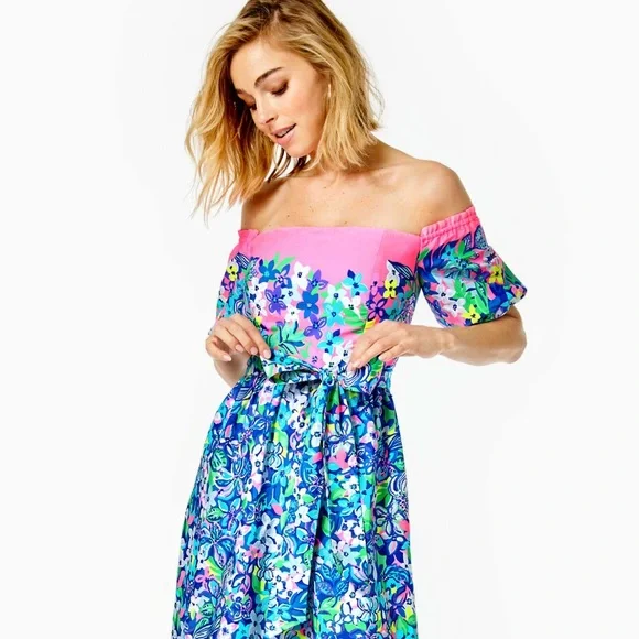 Lilly Pulitzer Zalie Off-The-Shoulder Midi Dress Borealis Blue Social Sunset 14 - Picture 3 of 12